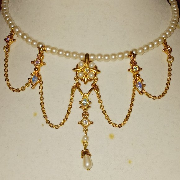Handmade Vintage Faux Pearl Choker Necklace Gold Dangle Rhinestone Adjustable - Picture 3 of 10